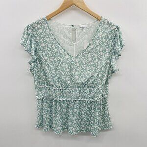 Madison & Berkeley Womens Medium Short Sleeve Mesh Floral Print Blouse Green 791